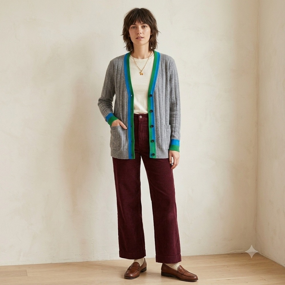 KULE Womens Sinclair Cardigan Large Gray Colorblock Ribbed Cashmere Blend FLAW